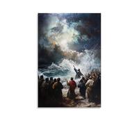 Jesus Rebuking The Storm with A Hand Raised, Thunder Halting Mid-sky As Waves Fall still Around The Awestruck Disciples. Contemporary Wall Mural - Decorative Hanging Poster Art 16x24inch(40x60cm)
