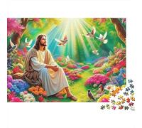 Jesus - Religion 1000Pc Jigsaw Puzzles for Adults | Educational Game Jesus Seated in Floral Field with Doves Gift for Men & Women 38x26cm/1000pcs