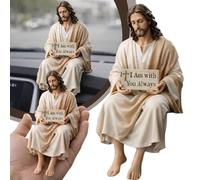 Jesus Resin Desk Companion Figurine, Handmade Sitting Design, Handcrafted Praying Jesus Figurine, ''I Am with You Always'' Sign, Gift for Car Dashboard Home Office Table Decor (2PCS)