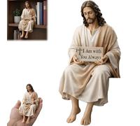 Jesus Resin Desk Companion Figurine, Sitting Design Jesus Christ Statue, Handmade Catholic Jesus Sculpture Decor with ''I Am with You Always'' Sign, Christian Car Decor & Table Ornament (1pcs)