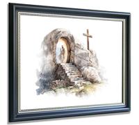 Jesus Resurrection Wall Art He Is Risen Empty Tomb Watercolor Christian Decor, Easter Religious Poster for Living Room or Church 12x16in Black Frame