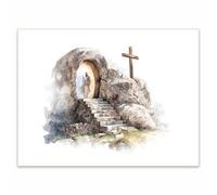 Jesus Resurrection Wall Art He Is Risen Empty Tomb Watercolor Christian Decor, Easter Religious Poster for Living Room or Church 8x10in Unframed