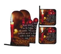 Jesus Said, I Am The Light of The World, John 8 12 Oven Gloves and Pot Holder 4-Piece Set, High Heat and 500 Degree Thickness, Suitable for Grilling and Microwave Ovens