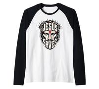 Jesus Saves Bold Cross Christian Faith Design Raglan Baseball Tee