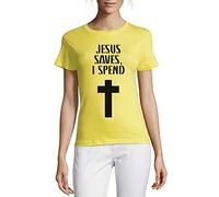 Jesus Saves I Spend Cross Graphic Crew Neck Cotton Women's T-Shirt Yellow