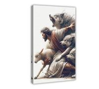 Jesus Saves The Lamb from The Wolves Canvas Poster Print, Religious Painting, Jesus And Lamb Painting, Religious Wall Art Frame-style 16x24inch(40x60cm)