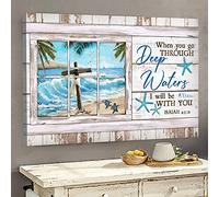 Jesus The cross and turtle on the beach When you go through deep water, I will be with you Landscape Canvas Print Wall Art