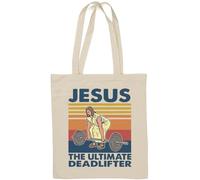 Jesus The Ultimate Deadlifter Funny Powerlifting Graphic Natural Cotton Tote Bag White