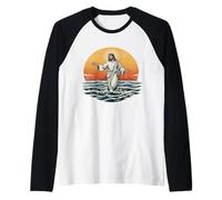 Jesus Walking on the Water Sun and Waves Raglan Baseball Tee