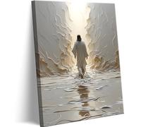 Jesus Walking on Water Canvas Wall Art Christian Footprints Jesus Wall Decor Pictures Abstract Modern Religious Posters Prints for Living Room Bedroom Church Home Decoration 16x24in