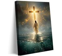 Jesus Walking On Water Canvas Wall Art Jesus Christ Wall Decor Picture Christianity Cross Poster Print Painting for Living Room Bedroom Prayer Room Home Decorate Prepare To Hang