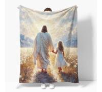 Jesus Walking with Girl Blanket,Soft Flannel Lightweight Blanket,Jesus Walking in Flower Field Throw Blanket for Bedroom Sofa Decor,Boho Christian Gifts All Seasons 40x50inch