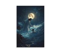Jesus Walks Across The Ocean at Twilight, Reaching for A Child Sinking Beneath Waves Lit by Moonlight And Glowing Fish. Contemporary Wall Mural - Decorative Hanging Poster Art 12x18inch(30x45cm)
