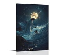 Jesus Walks Across The Ocean at Twilight, Reaching for A Child Sinking Beneath Waves Lit by Moonlight And Glowing Fish. Contemporary Wall Mural - Decorative Hanging Poster Art 24x36inch(60x90cm)