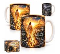 Jesus Walks With Me - Heat-Reveal Faith Mug Christian Color Changing Mug | 12OZ Bible Verse Ceramic Cup with Inspirational Footprints for Men Women Religious Pastors and Christmas(2pcs)