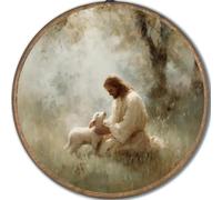 Jesus Wall Art Decor-The Good Shepherd Christian Round Hanging Artwork, Religious Faith Canvas Prints for Living Room Bedroom Prayer Room, 10 Inch Round Wall Hanging Decor Gift for Believers