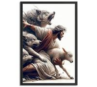 Jesus Wall Art Framed Jesus Protecting The Lamb From Wolves Poster For Church Room Wall Decor-Christian Canvas Prints Picture Hang To Home Living Bedroom Office For Decor