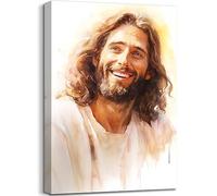 Jesus Wall Art,Laughing Christ with Long Curly Hair Beard Kind Friendly Jesus Portrait Watercolor Painting for Living Room Bedroom Decor Framed