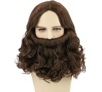 Jesus Wig and Beard Adult Short Brown Wavy Cosplay Moses Messiah Prophet Hippy Hipster for Halloween Fancy Dress Costume