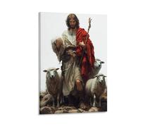 Jesus with Lambs Canvas Wall Art Religious Christian Poster Print of The Good Shepherd Holding Staff FaithBased Home Decor for Living Room Prayer Room Church Or Office Gift 20x30inch(50x75cm) Framed