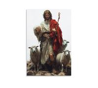 Jesus with Lambs Canvas Wall Art Religious Christian Poster Print of The Good Shepherd Holding Staff FaithBased Home Decor for Living Room Prayer Room Church Or Office Gift 20x30inch(50x75cm) Unframed