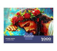 Jesus with Roses 1000pc Premium Jigsaw Puzzle Puzzle for Adults Thick Cardboard Teen Puzzle Fans 12-18 Logic Skill After-School Party Game Best Gift for Puzzle Lovers 52x38cm/1000pcs