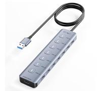 JESWO 7-Port USB 3.0 Hub - Aluminum Alloy 7X USB-A Ports with Independent On/Off Switches & LED Indicators, 5Gbps High-Speed, 1m Cable, Plug & Play for Laptop Desktop Mac Windows