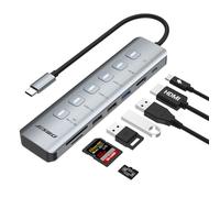 JESWO USB C Hub 7-in-1 USB C Adapter with HDMI 4K@60Hz, 100W PD, USB 3.0, SD/Micro SD Card Reader, Own Switch, Aluminium Docking Station Multiport Adapter for MacBook Pro/Air, iPad, Dell Laptop