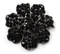 Jet-Black Crystal Corsage Flower Brooch (Black Tone Metal)