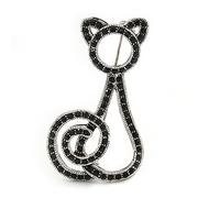 Jet Black Diamante 'Cat' Brooch In Rhodium Plating - 50mm Length