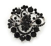 Jet-Black Diamante Corsage Brooch In Silver Plating - 5cm Diameter