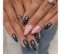 Jet Black Gloss Press On Nails Almond Short Shape with Chic White Polka Dots - 30PCS Modern Minimal French Style Manicure Kit for Women, Easy Application for Daily Wear, Parties & Special Occasions