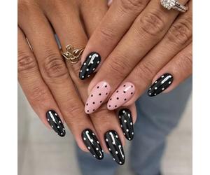 Jet Black Gloss Press On Nails Almond Short Shape with Chic White Polka Dots - 30PCS Modern Minimal French Style Manicure Kit for Women, Easy Application for Daily Wear, Parties & Special Occasions