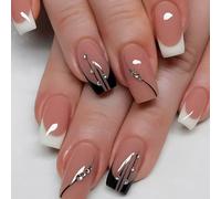Jet Black Square Press-On Nails with Nude French Tip & Rhinestones - 24-Piece Glossy Artificial Nails Set for Everyday Wear or Special Events with Silver Beads and Minimalist Design