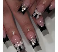 Jet Black Square Press On Nails With Pearl Bow & Star Accents - 24PCS Glossy Black Edge Nude Base Artificial Short False French Manicure Set For Women, Easy Application, Reusable, No Damage, Elegant