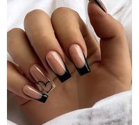 Jet Black Tips Press on Nails with Nude Pink Base - 24 PCS Coffin Glossy Fake Nails for Women - with Heart Accent Minimalist Stylish Art Accessories for Daily Fashion