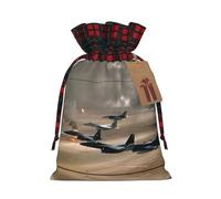 Jet Fighter Christmas Drawstring Linen Gift Bag Paired With Scottish Plaid Fabric, With A Delicate And Simple Texture