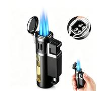 Jet Flame Lighter,4-Jet Flame Windproof Torch Lighter, Butane Torch Lighter With Hidden Punch for BBQ, Camping, Outdoor and Candles, Gift For Men and Women (Without Butane) (Black)