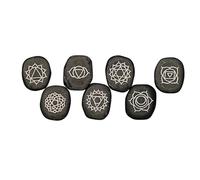 Jet International Hot Real Basalt Massage Chakra 7 River Stones Spa Beauty Body Chakras Reiki Gift Set Oval Crystal Gemstone Engraved Healing Chakra Balancing Pouch Spiritual Pagan Wicca Energy Vibes