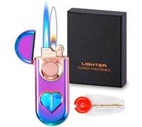 Jet Lighter with 6pcs Flint Stones, Adjustable Windproof Dual Flame (Jet & Soft) & Visible Gas Window, Refillable Butane Lighter for Outdoor Indoor (Without Butane)-Rainbow