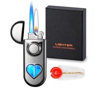 Jet Lighter with 6pcs Flint Stones, Adjustable Windproof Dual Flame (Jet & Soft) & Visible Gas Window, Refillable Butane Lighter for Outdoor Indoor (Without Butane)-Black Ice