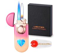 Jet Lighter with 6pcs Flint Stones, Adjustable Windproof Dual Flame (Jet & Soft) & Visible Gas Window, Refillable Butane Lighter for Outdoor Indoor (Without Butane)-Pink Orange