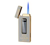 Jet Torch Butane Lighter,Blue Flame Lighter Windproof Refillable Lighter, Solar Charging, Exquisite Packaging for Festival, Birthday, Candle, Gift for Men (Butane Not Included),Gold