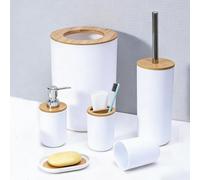 JETAINE 6 Pieces Bamboo Bathroom Accessories Modern Bathroom Accessory Set Luxury Bathroom Bin and Toilet Brush Set, Toothbrush Holder Soap Dispenser Dish Trash Can Bath Set Gift Round White
