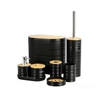 JETAINE Bathroom Accessories Set 8 Pieces, Bamboo Bathroom set Accessory, Luxury Toilet Accessories set w/Trash Can, Toilet Brush, Soap Dispenser, Toothbrush Holder, Vanity Tray and Qtip Holder, Black