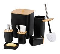 JETAINE Bathroom Accessories Set, Black Bathroom Bin and Toilet Brush set | 6pcs Luxury Bathroom Set, Bamboo Modern Toilet Accessory Gift w/ Trash Can, Toothbrush Holder Cup, Soap Dispenser
