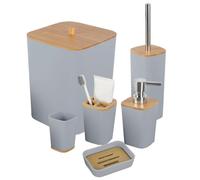 JETAINE Bathroom Accessories Set, Grey Bathroom Bin and Toilet Brush set | 6 Pieces Luxury Bathroom Set, Bamboo Modern Toilet Accessory Gift w/ Trash Can, Toothbrush Holder Cup, Soap Dispenser