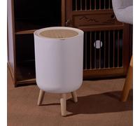 JETAINE Mini Trash Bin with Lid, 9 Liter Garbage Bin, Tall Round Trash Can, Modern White Waste Bin with Wooden Legs, Plastic Rubbish for Kitchen, Bathroom, Bedroom, Living Room, Office, Dog Proof