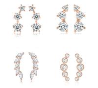 JETBON Sterling Silver Women's Earrings, 4 Pairs Hypoallergenic Cubic Zirconia Rose Gold Plated Flower Climber Earrings Set, Multiple Ear Holes, Birthday Wedding Gift