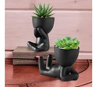 Jetcloud 2pcs Ceramic Flower Pot Small Human Shape Cactus Pot Creative Black Plants Succulent Pot Cute Vase Planter Table Decoration for Desktop Home Office Garden Decor